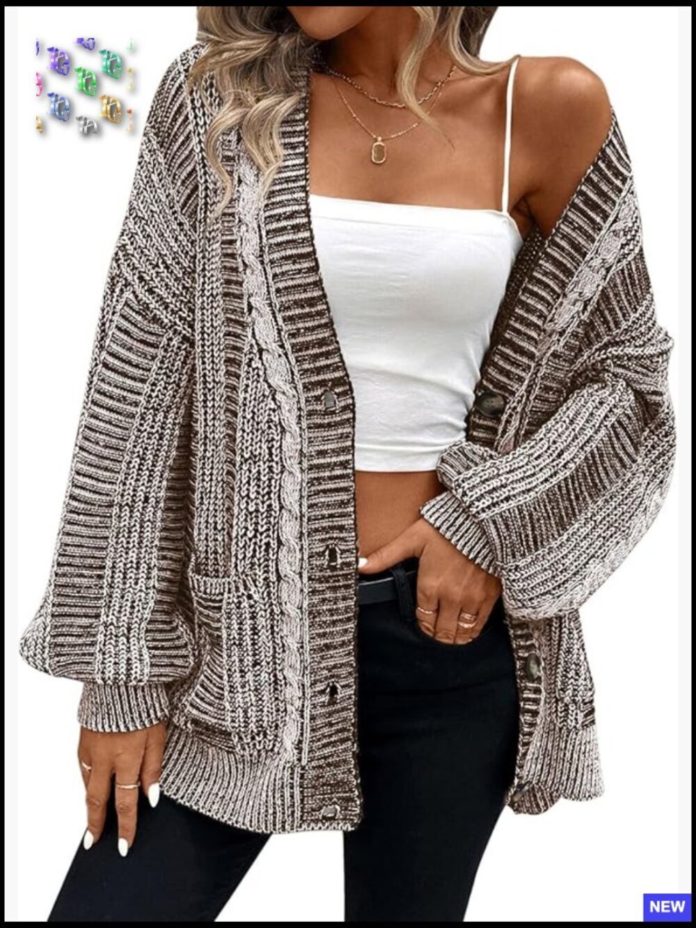 Oversized Cable Knit Cardigan Sweater Long Sleeve Open Front Pockets
